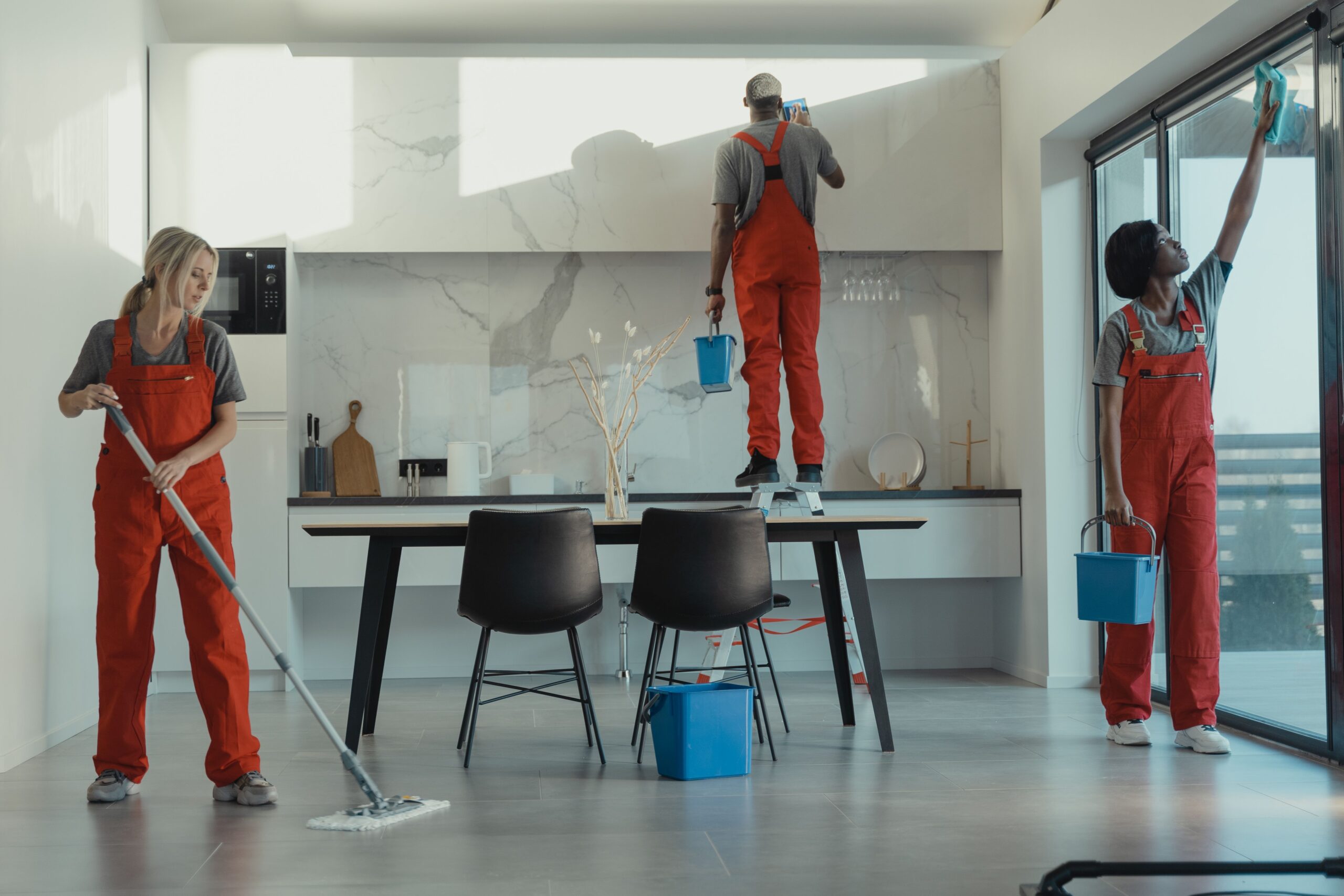 Professional cleaners working together in a modern indoor space